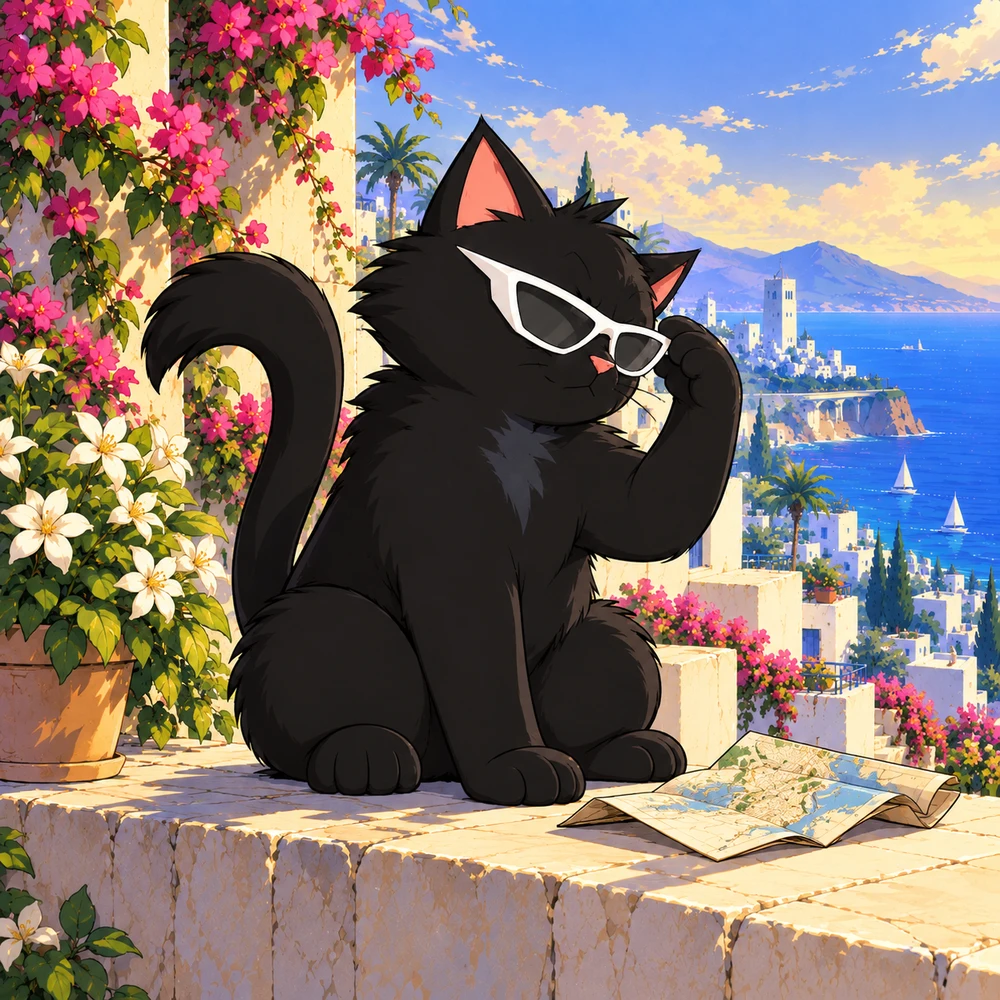 Pangea Cat carefully adjusts his white sunglasses on a sunny coastal terrace.