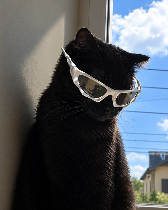 The real Pangea Cat wearing his white sunglasses by a window