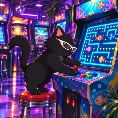 Pangea Cat plays a fish maze on an arcade cabinet from a small stool.