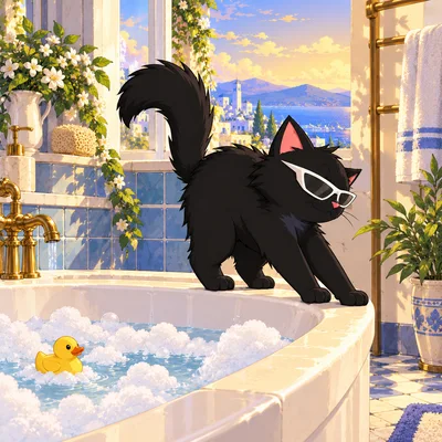 Pangea Cat leans away from a bubble bath while a rubber duck floats below.