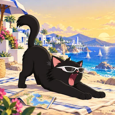 Pangea Cat yawns on a towel beside the blue coastal city.