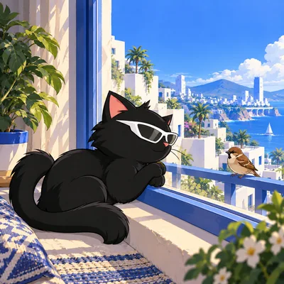 Pangea Cat watches a small bird through a closed blue-trimmed window.
