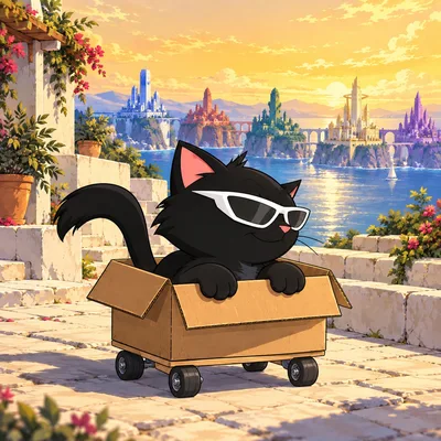 Pangea Cat sits in a cardboard box on a skateboard.