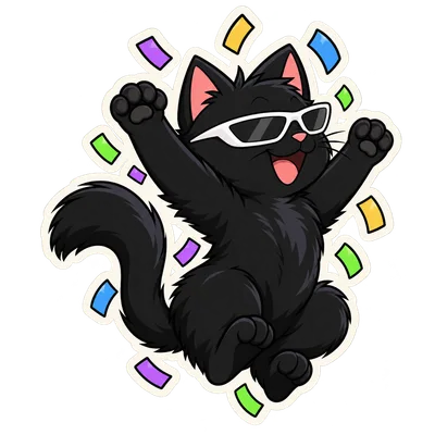 Pangea Cat jumps with raised paws and colored confetti.
