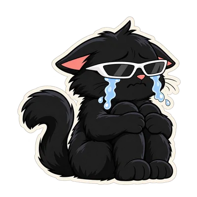 Pangea Cat hugs his knees with cartoon tears beneath his sunglasses.