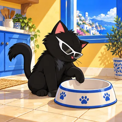 Pangea Cat dramatically inspects a large empty food bowl.