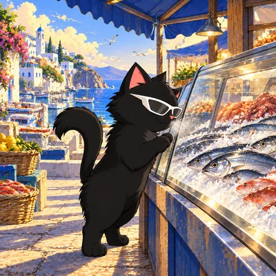 Pangea Cat presses his nose against a fish counter's glass display.