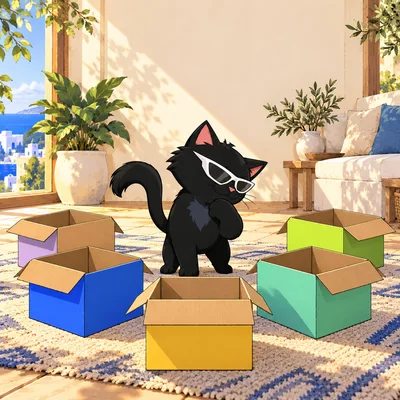 Pangea Cat chooses between five boxes with lavender, blue, gold, purple and lime panels.