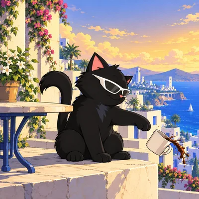 Pangea Cat gently pushes a coffee mug off a terrace table.