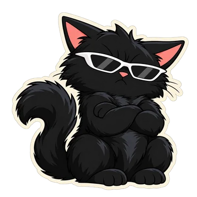 Pangea Cat folds his paws and frowns with a puffed tail.