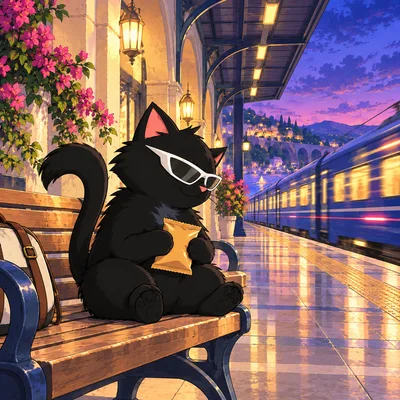 Pangea Cat calmly eats a snack on the platform as the train leaves behind him.