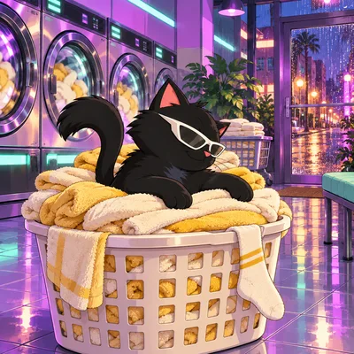 Pangea Cat occupies a basket of warm towels in a neon laundromat.