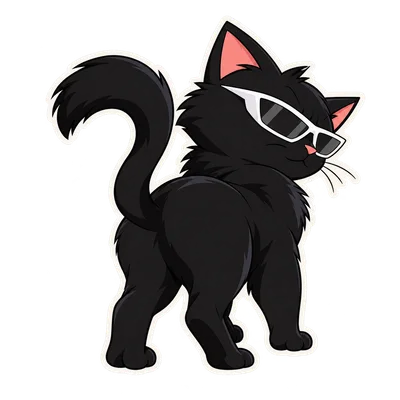 Pangea Cat look back reaction, with white sunglasses and a transparent background.