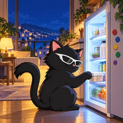 Pangea Cat is caught inspecting an open fridge at night.