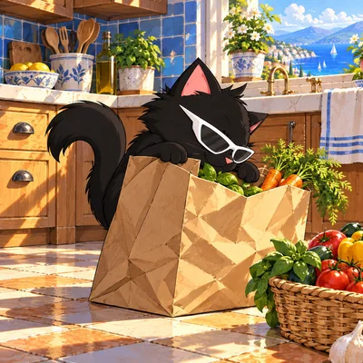 Pangea Cat peeks out of a crumpled paper grocery bag on the kitchen floor.
