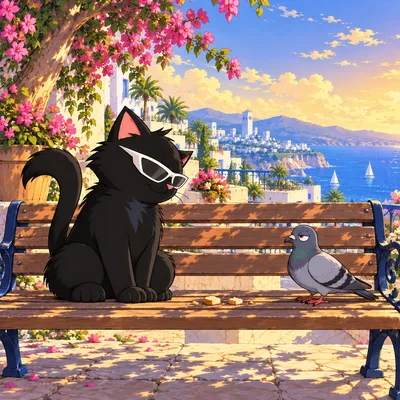 Pangea Cat and a pigeon stare at each other across a park bench.
