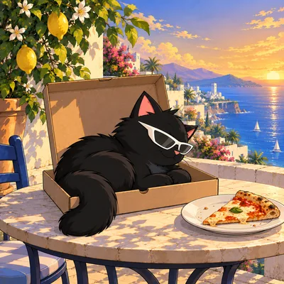 Pangea Cat naps inside an empty pizza box while a slice waits on a separate plate.