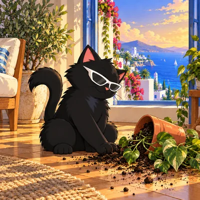 Pangea Cat sits beside a toppled plant pot with one paw in the spilled soil.