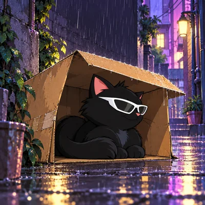 Pangea Cat shelters under a cardboard roof in a rainy neon alley.