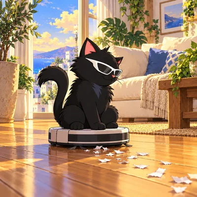 Pangea Cat rides a small robot vacuum across a sunny apartment floor.