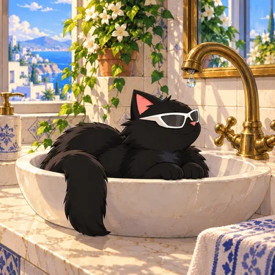 Pangea Cat curls up in a sink and watches a droplet on the faucet.