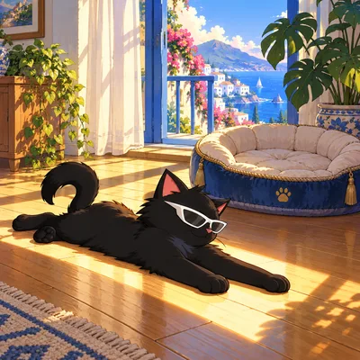Pangea Cat sleeps in a sunbeam beside an unused plush cat bed.
