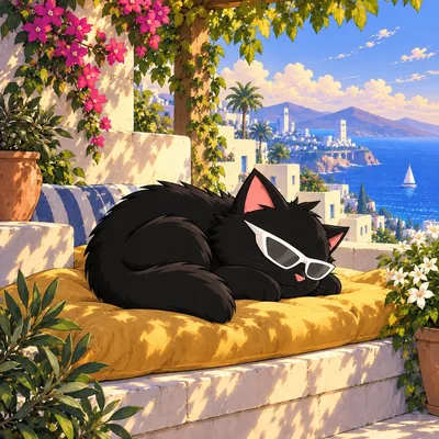 Pangea Cat sleeps on a golden cushion under flowering plants.
